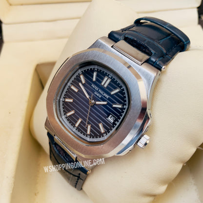 Patek Silver Blue Leather Strap Watch