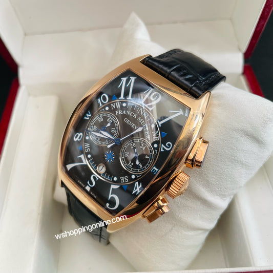 FM Black Golden Chronograph Working Leather Watch