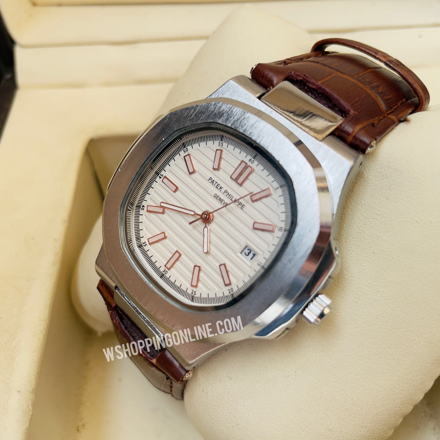 Patek Silver Brown Leather Strap Watch