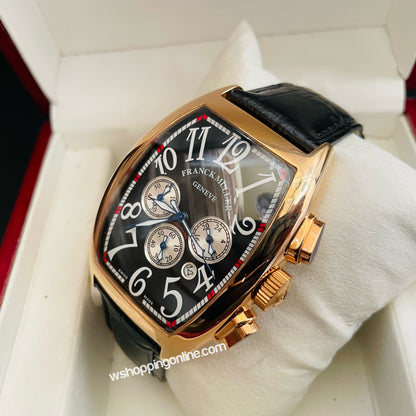 FM Black Golden Chronograph Working Leather Watch