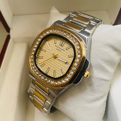 Patek Twotone Golden Dial Stones Watch