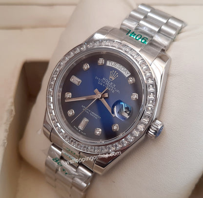 Master Silver Blue Day-Date Stones Automatic Watch