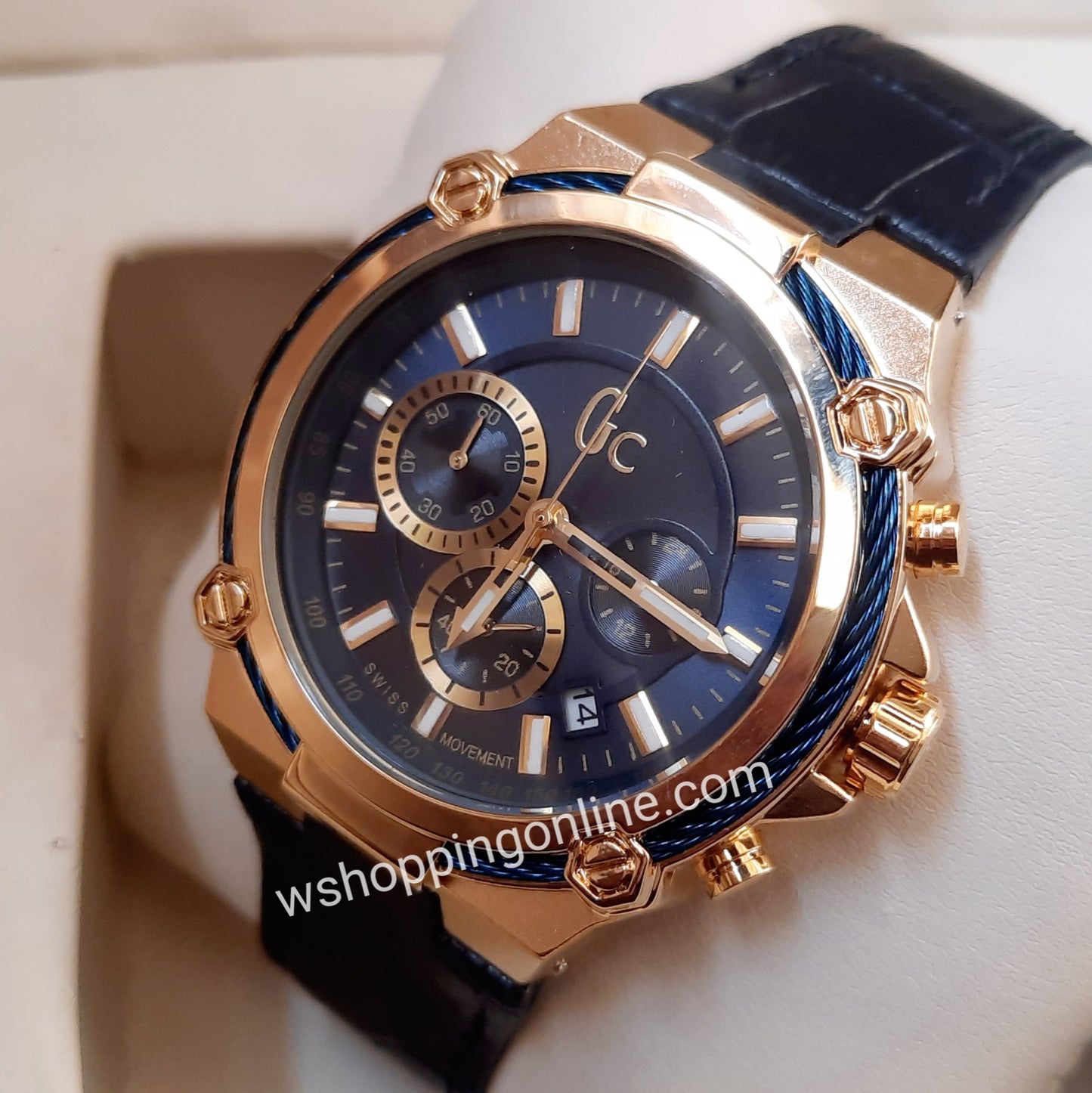 Blue Golden Chronograph Working Strap Watch