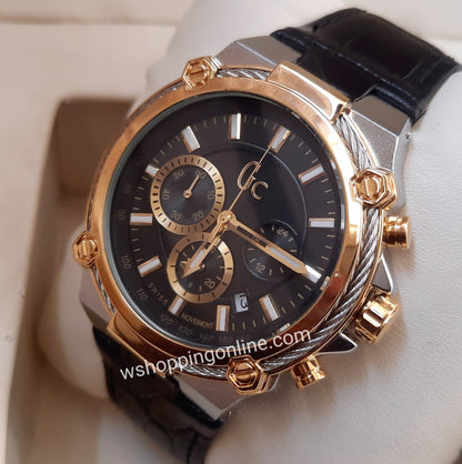 Black Silver Golden Chronograph Working Strap Watch