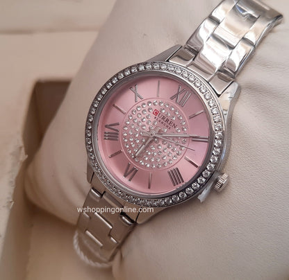 Curren Diamond Pink Silver Chain Watch