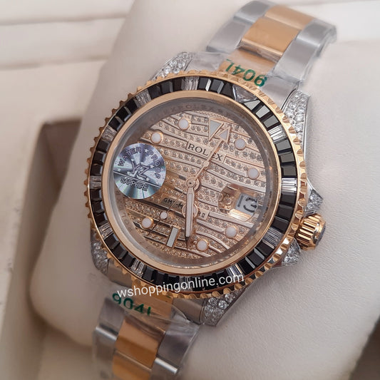 Master Twotone Golden GMT Stones Automatic Watch